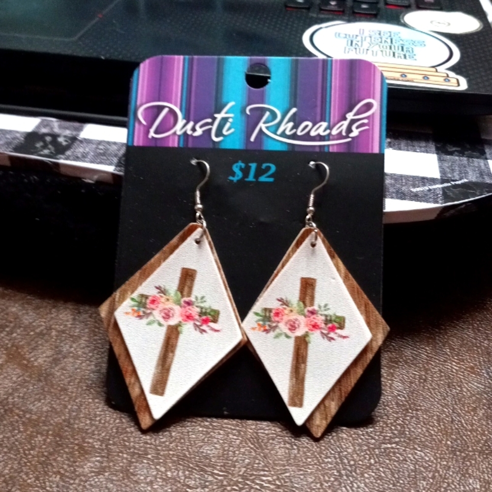 Wooden Cross Pleather Earrings